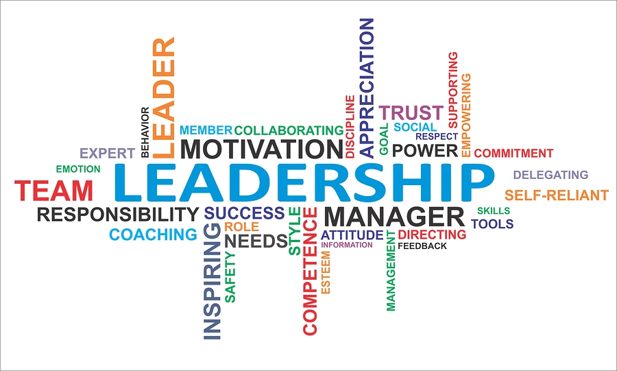 A word cloud of leadership related items